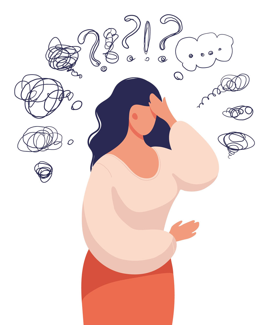 A woman thinks over a problem, suffers from obsessive thoughts, headache, unresolved issues, psychological trauma, depression. Flat vector illustration.
