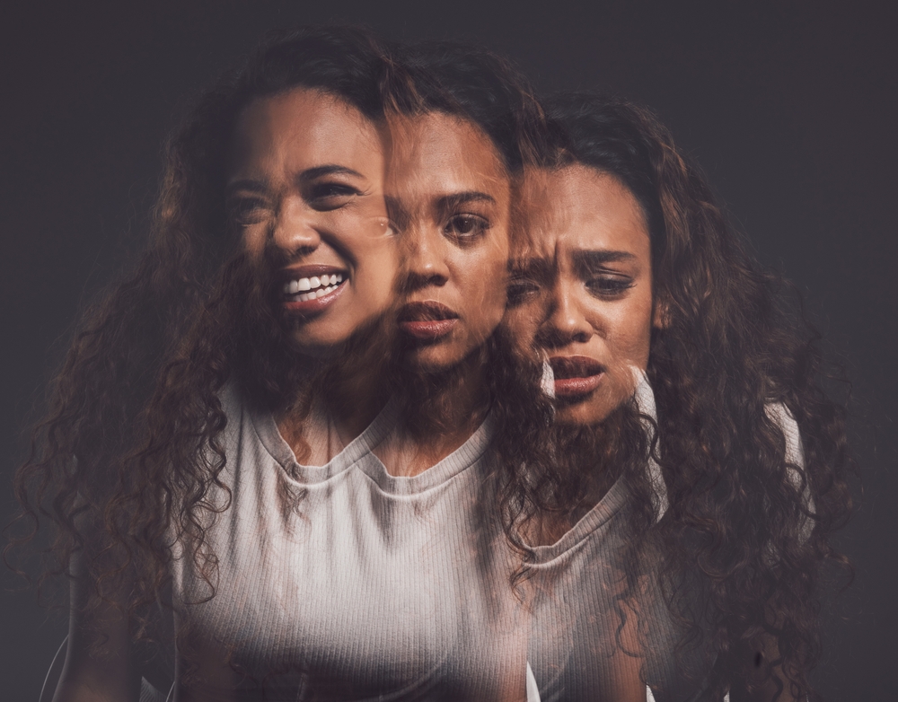 African woman and depression with double exposure for mental health and schizophrenia